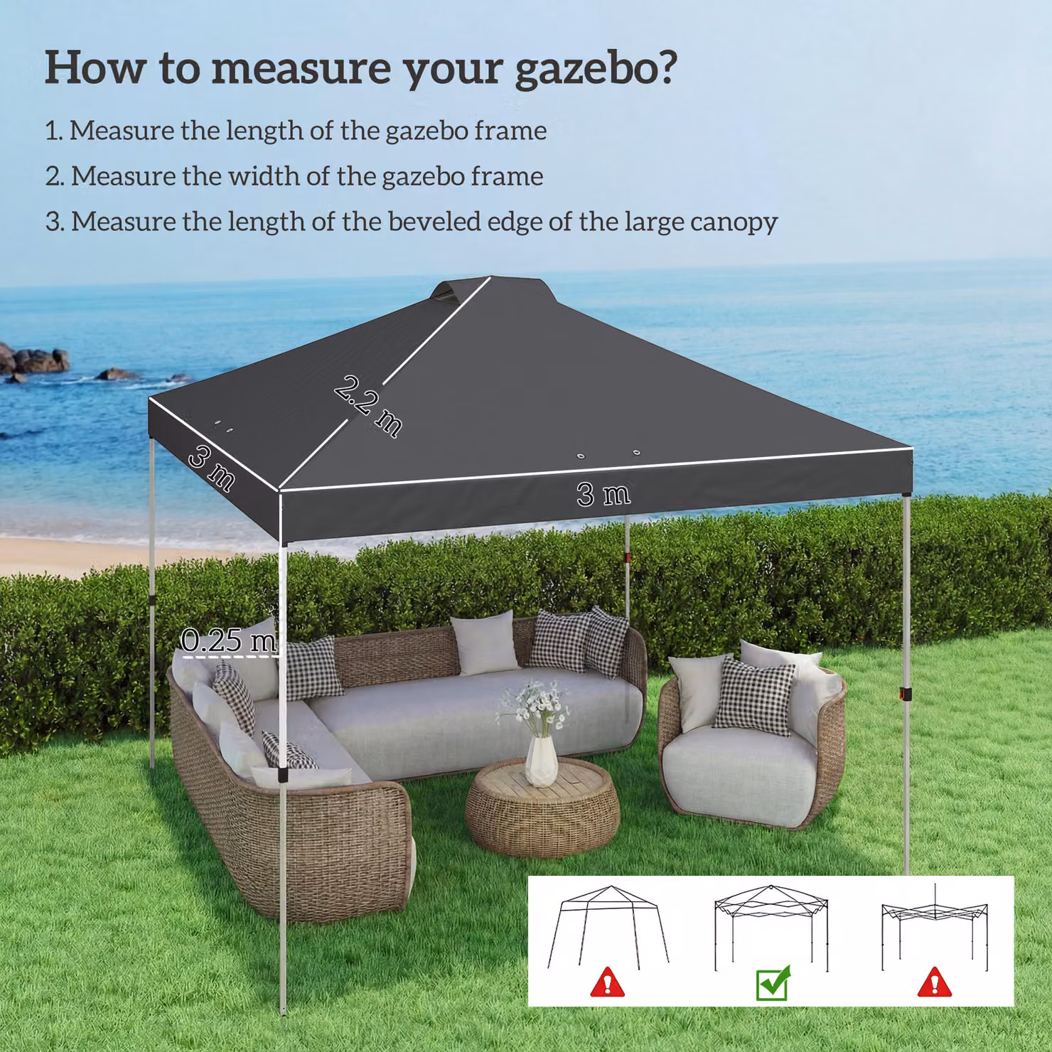 Outsunny Gazebo Roof Replacement Dark Grey Waterproof Pop Up Canopy Cover with UPF 50+ Protection and 8 Drainage Holes, W: 3 x D: 3 m – 3