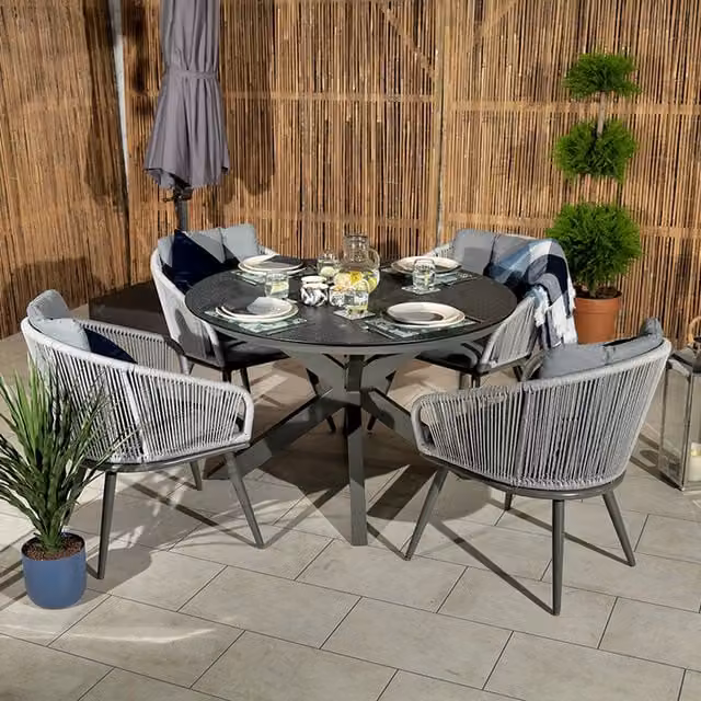 Royalcraft Aspen 4 Seater Round Dining Set in Grey Anthracite with Glass Top and Powder Coated Aluminium Frame