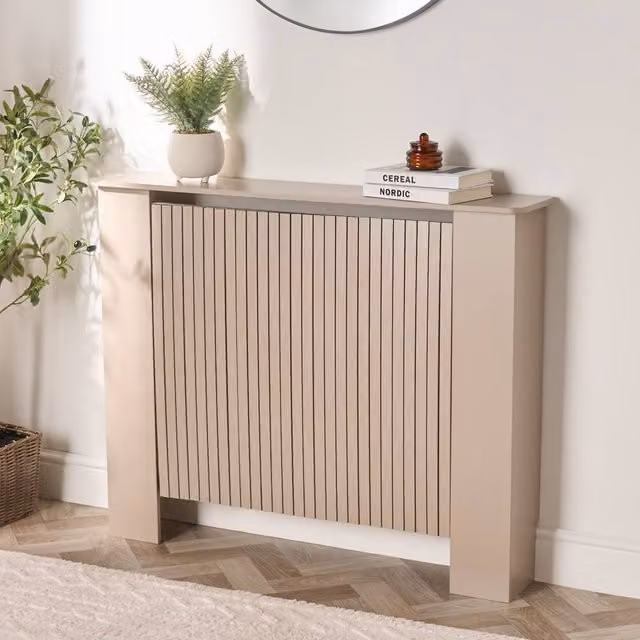 OHS Ribbed Medium Radiator Cover in Sand Beige MDF with Slatted Design, W/D/H: 102 x 19 x 82 cm