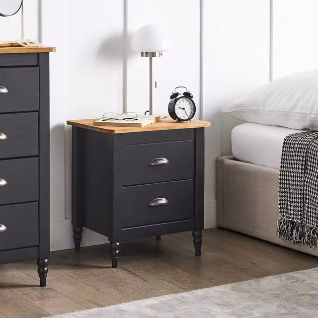 Wyld and Coco Retro Pine Bedside Table with 2 Drawers in Vintage Black