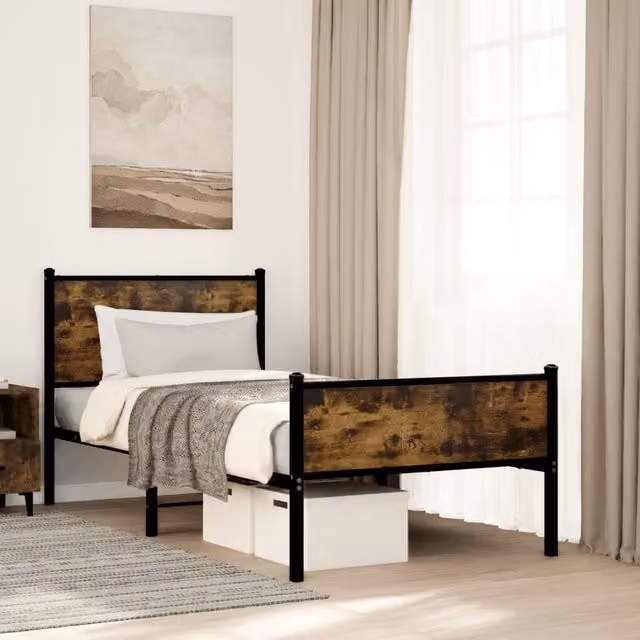 Berkfield Home Metal Bed Frame in Smoked Oak Brown, W/D/H: 80 x 200 cm – 1