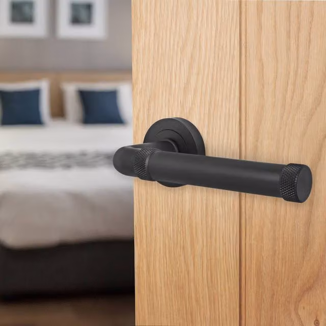 AFIT Matt Black Internal Fire Door Lever On Rose Handle, Aluminium, W/D/H: 15 x 15 x 1.5 cm