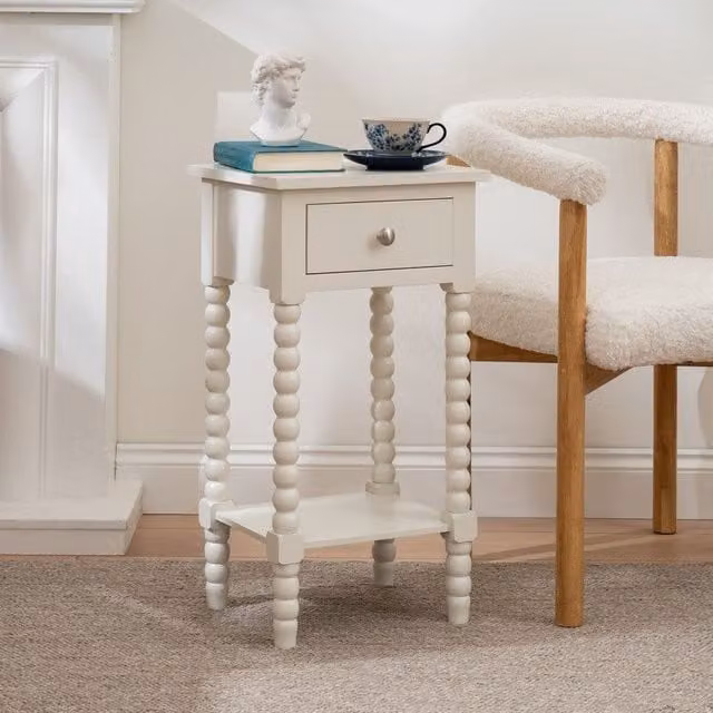 Scottish Everlastings Ltd Ivory Bobbin Side Table with Drawer, W/D/H: 30.0 x 35.5 x 66.0 cm