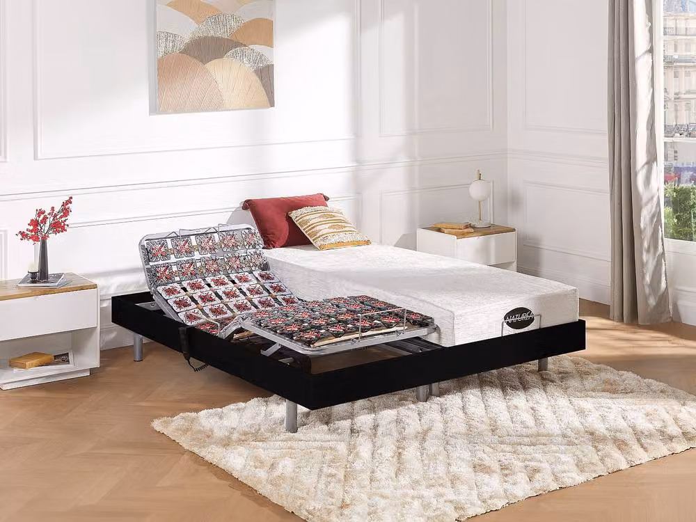 Vente-unique Electric Adjustable Bed with Black Wood Decorative Pads, W/D/H: 90 x 200 x 35 cm – 3