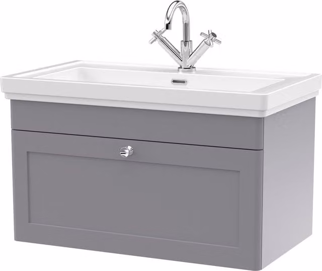 Balterley Wall Hung 1-Drawer Bathroom Vanity Unit and Fireclay Basin, Grey, Width: 80 cm – 1
