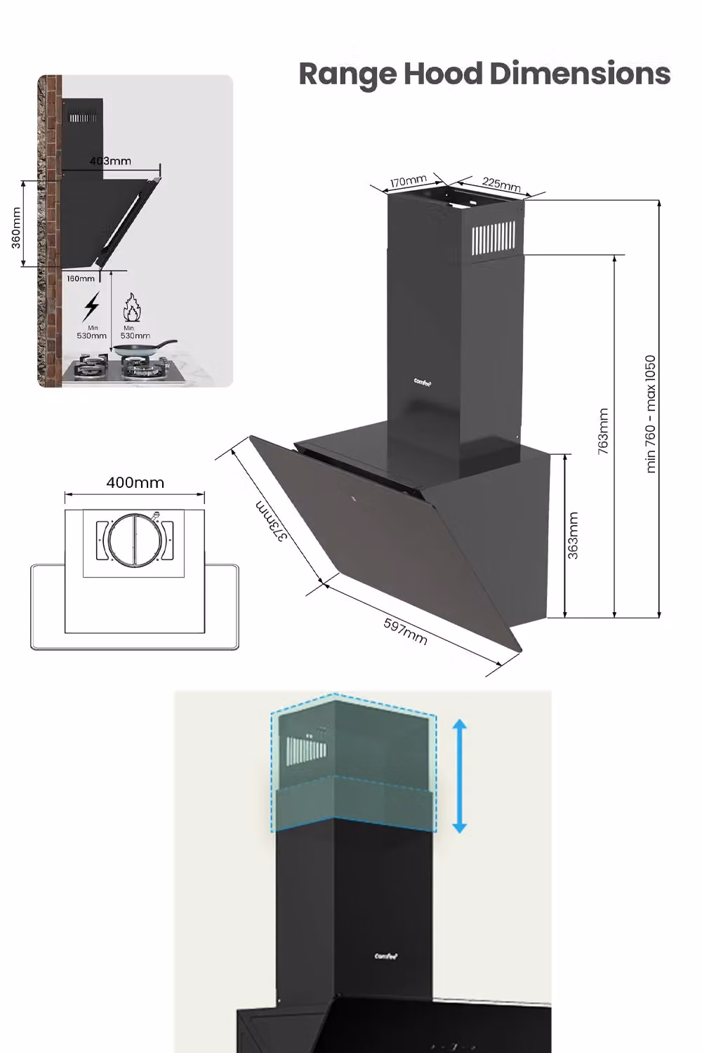 Living and Home Black Angled Wall Mounted Cooker Hood with Touch Screen and LED Extractor, Width: 60 cm – 3