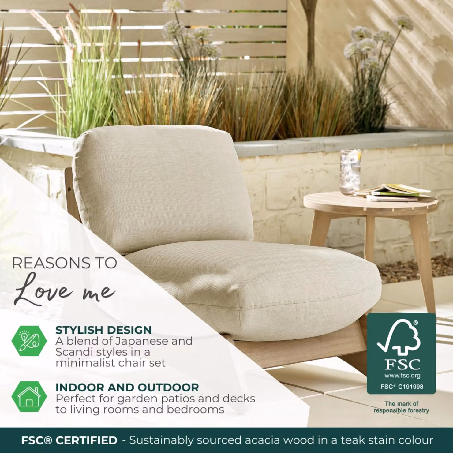 FurnitureboxUK Iko Acacia Wood and Cream Indoor/Outdoor Accent Chair in Brown – 3