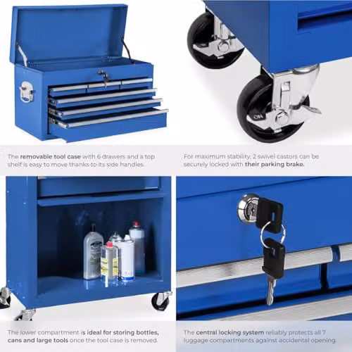 tectake Lockable and Rollable Steel Tool Chest in Blue – 6