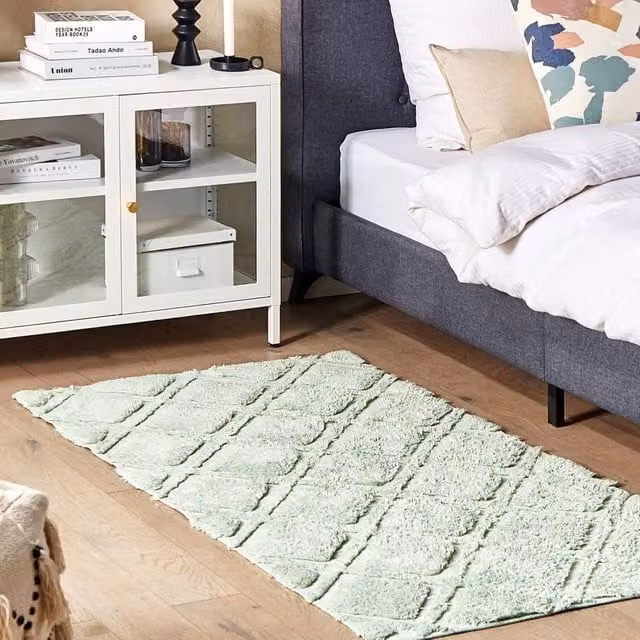 Wyld and Coco Green Hand Tufted Cotton Geometric Shaggy Rug, W: 80 cm, L: 150 cm