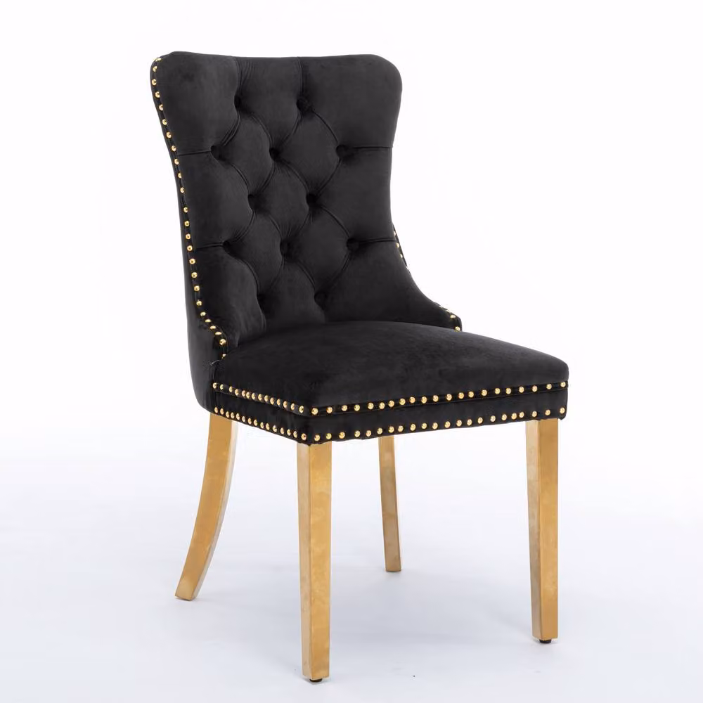 HomeTouch Set of 6 Lux Velvet Dining Chairs with Gold Steel Legs in Black – 2
