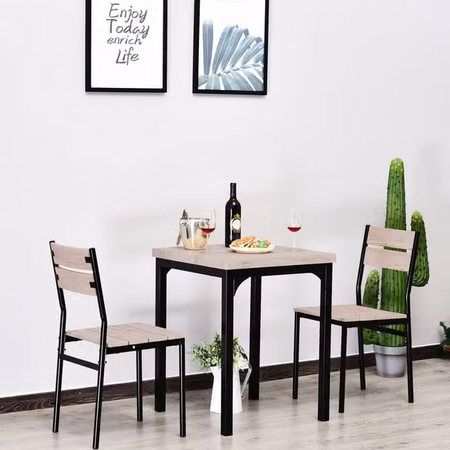 HOMCOM 3 Piece Compact Dining Set with Square Table and 2 Chairs in Brown and Yellow Wood Grain Finish
