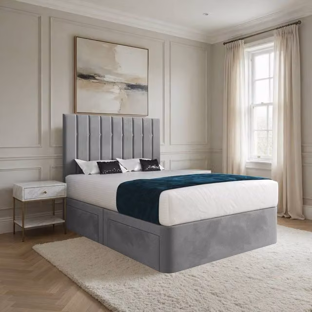 Casani Leyburn Modern Upholstered Velvet Bed Frame with Drawers, Grey, 200 x 200 cm – 1