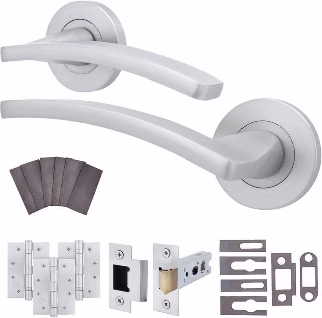 AFIT Satin Chrome Fire Door Handle Latch Set with Silver Aluminium Hinges, W/D/H: 15 x 15 x 1.5 cm – 1