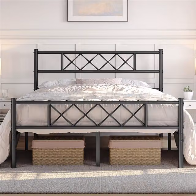 Yaheetech Black Lacquered Metal Industrial Bed Frame with Geometric Design, W/D/H: 180 x 200 cm