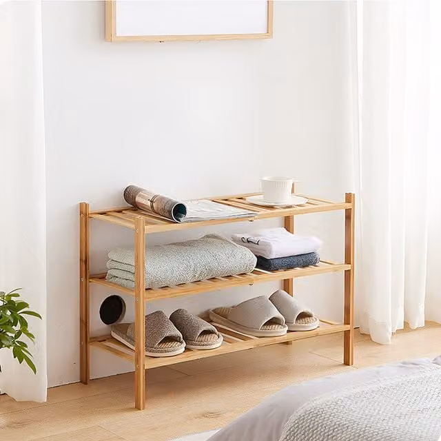 Livingandhome Triple Tier Bamboo Shoe Rack in Brown and Beige