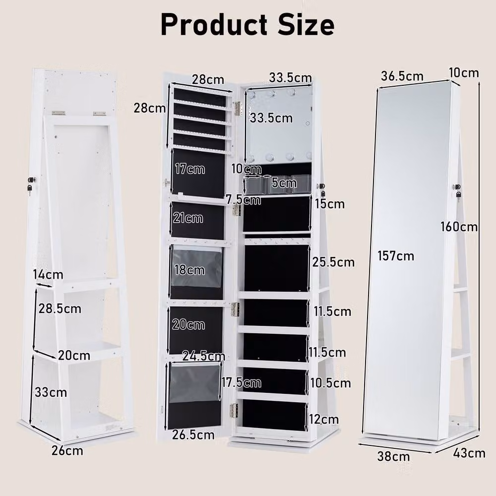 Costway Freestanding White Jewelry Storage Cabinet with LED Lighting, Mirror and Lock – 2