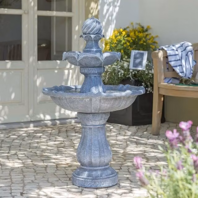 Primrose Imperial Tiered Solar Powered Cascade Water Feature with LED Lights in Grey Galvanised Steel