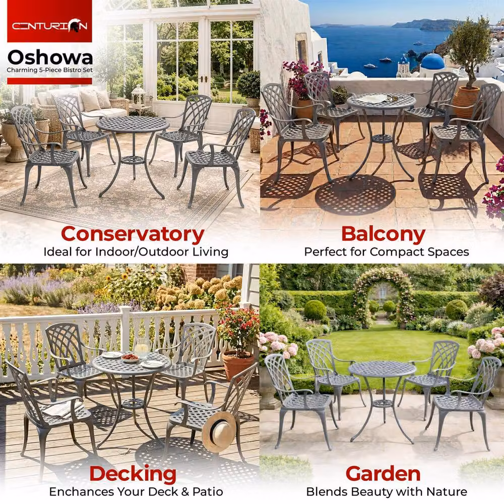 Centurion OSHOWA 5-Piece Cast Aluminium Bistro Set in Grey with Round Table and 4 High-Backed Armchairs – 3