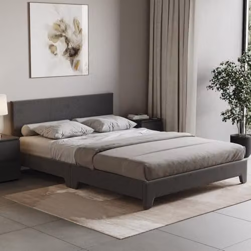 Vida Designs Victoria Double Bed Frame in Grey Fabric with Cushion Headboard, H 77 x W 142 x D 197 cm – 2