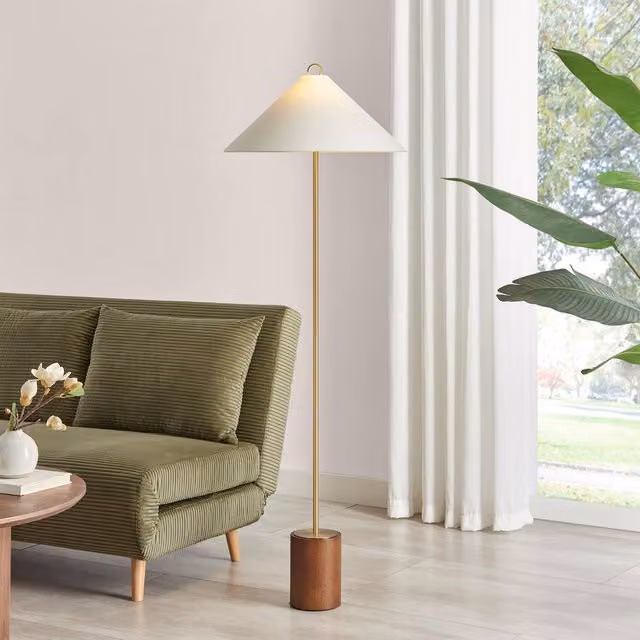 FurnitureboxUK Theo Standing Floor Lamp in White and Wood with Brass Details – 1