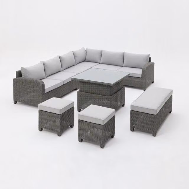 Segrada 6-Piece L-Shaped Rattan Garden Furniture Set with Rising Table in Dark Grey