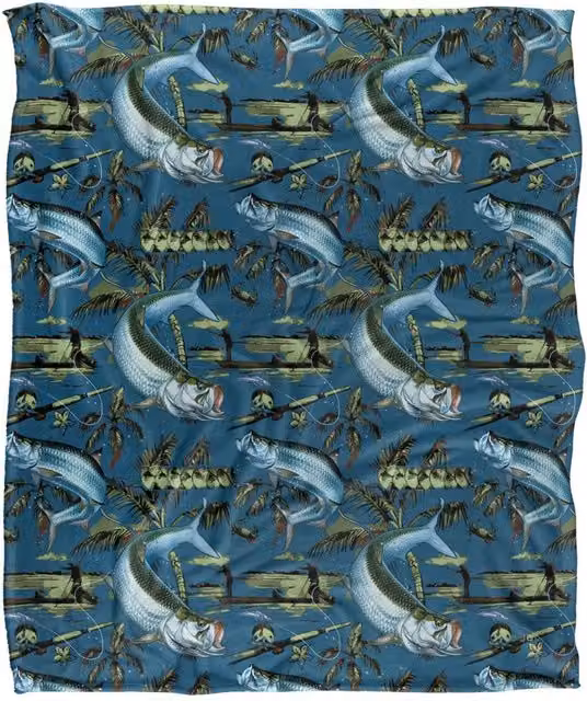 JQ Licensing Tarpon Tiki Fishing Pattern Super Soft Fleece Throw Blanket, White, W/D/H: 152 x 127 cm