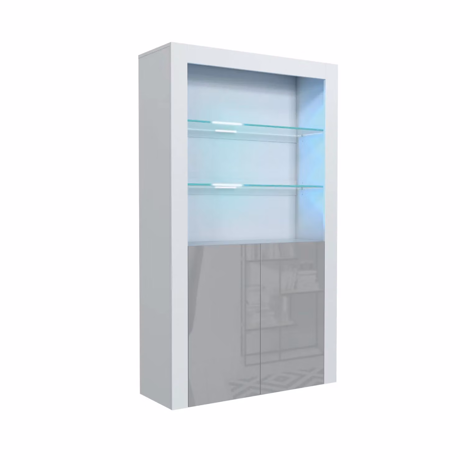 Mex Furniture LTD Modern Glossy Display Cabinet with LED Lights and Glass Doors in Light Grey, Height: 170 cm – 2