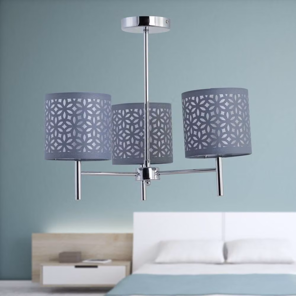 First Choice Lighting Brea Set of 2 Chrome 3 Light Ceiling Fittings with Grey Fabric Cut Out Shades – 2