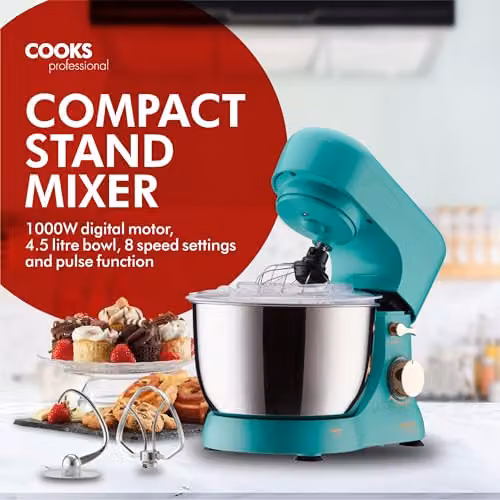 Cooks Professional Stand Mixer 1000W with 8 Speeds, Pulse Function and 4.5L Stainless Steel Mixing Bowl in Petrol – 6