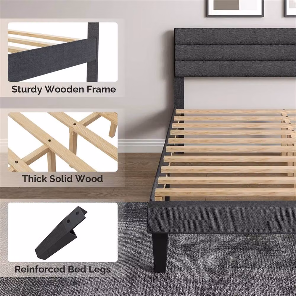 Kelvenix Single Fabric Bed Frame with Wooden Platform and Metal Support in Grey, W/D/H: 90 x 200 cm – 4