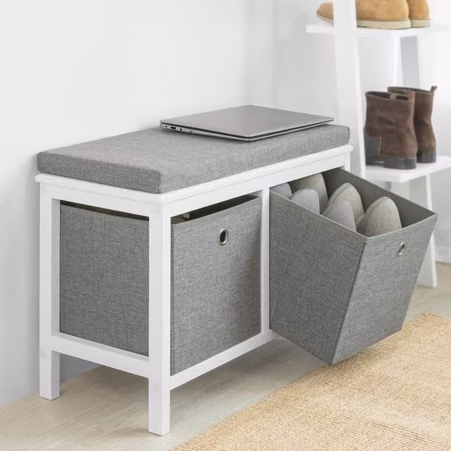 SoBuy Grey Shoe Cabinet with 2 Baskets and Fabric Seat Cushion