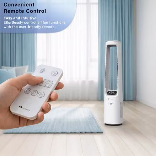 PureMate Bladeless Tower Fan in White with DC Motor, Remote Control, Timer, Sleep Mode and Oscillation – 4