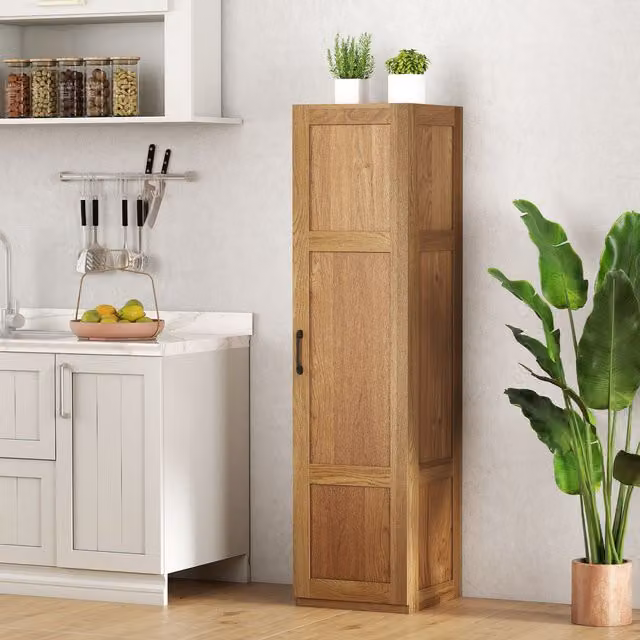 Costway 4-Tier Freestanding Tall Storage Cabinet with Hinged Doors in Sand Wood Finish, H 150 cm x W 40 cm x D 40 cm