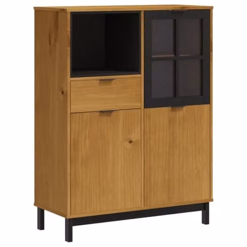 vidaXL FLAM Highboard in Brown Oak Solid Wood Pine with Glass Doors, W/D/H: 92 x 40 x 122.5 cm – 1