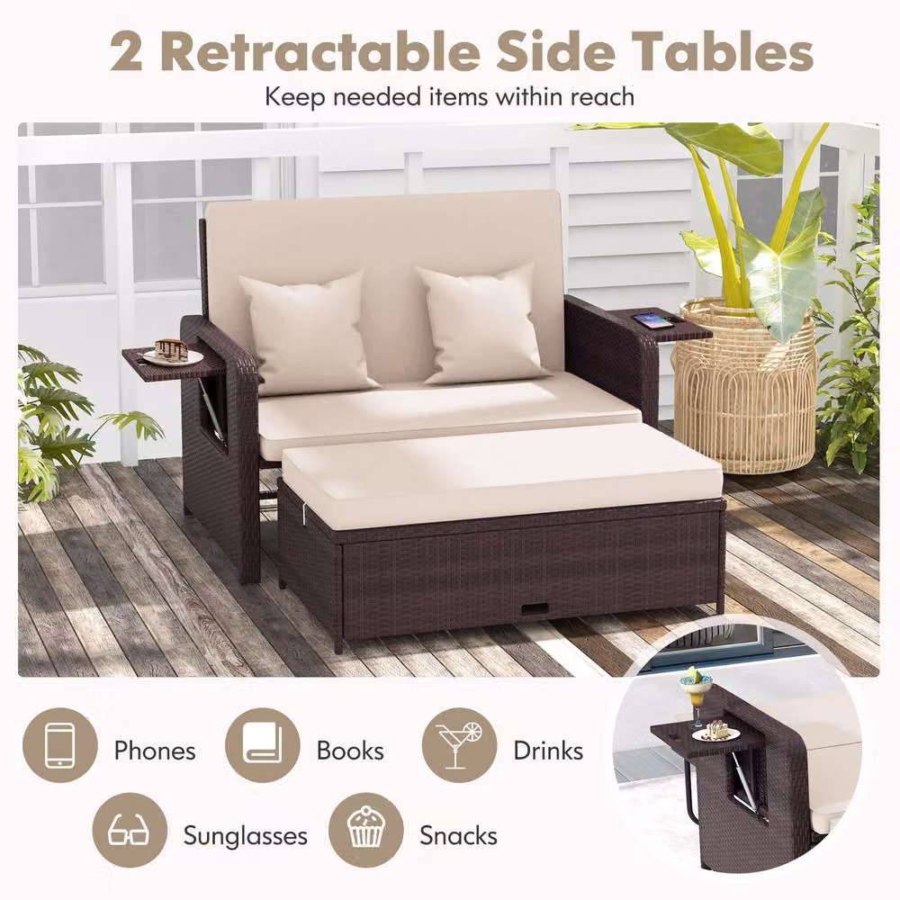 Costway Brown Polyrattan Patio Daybed Set with Loveseat Sofa, Ottoman and Side Tray – 5