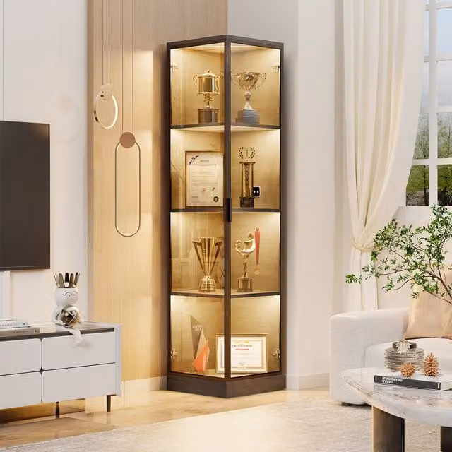 BROTTAR Corner Bookcase in Black with Glass Doors and Integrated LED Lighting