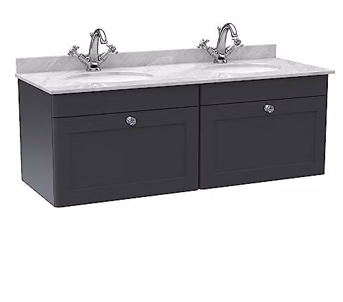 nuie Classique Traditional Wall Hung Double Bathroom Vanity Unit with 2 Drawers, Marble Top and Round Basin, Soft Black/Grey, W: 120 cm, D: 47 cm, H: 50.9 cm – 1