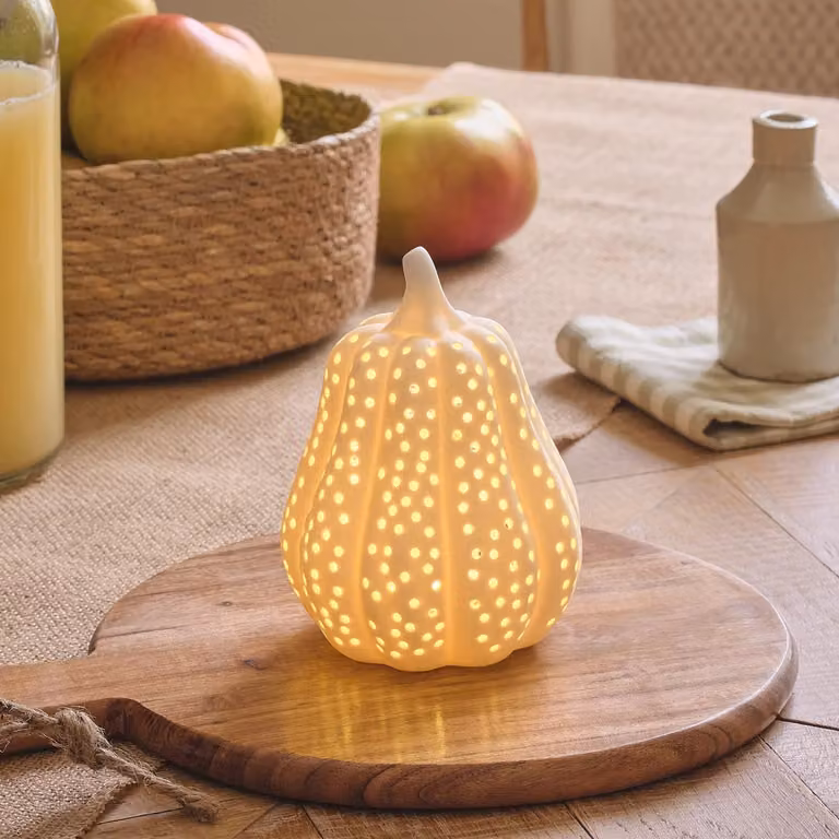 Lights4fun Matte White Porcelain LED Autumn Squash Tabletop Decoration