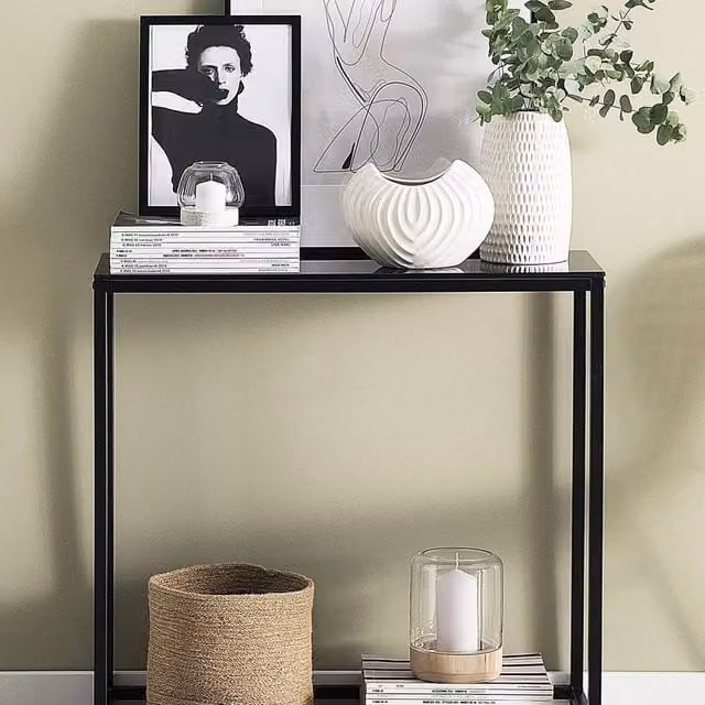 Wyld and Coco Modern Black Console Table with Rectangular Tempered Glass Top and Metal Base W/D/H: 80 x 30 x 76 cm – 1