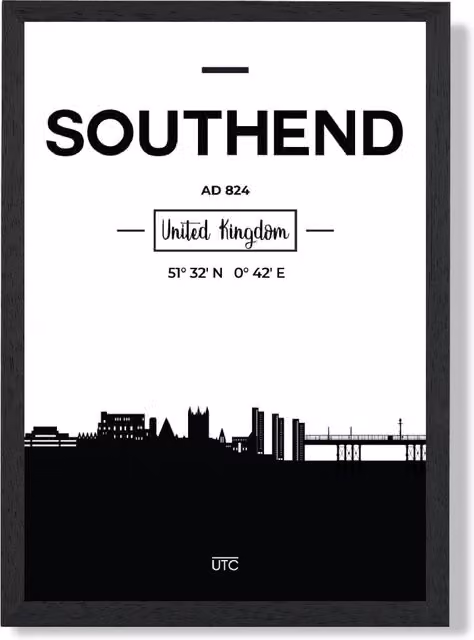 ARTZE Southend Black and White City Skyline Framed Print with Black Frame – 1
