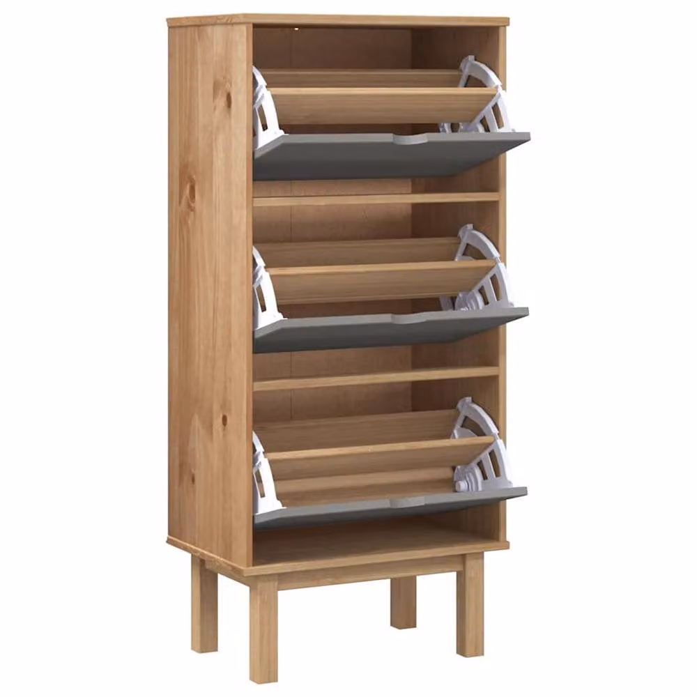 Berkfield Home OTTA Shoe Cabinet in Brown and Grey Solid Pine Wood with 3 Drawers and Tilting Compartments – 3