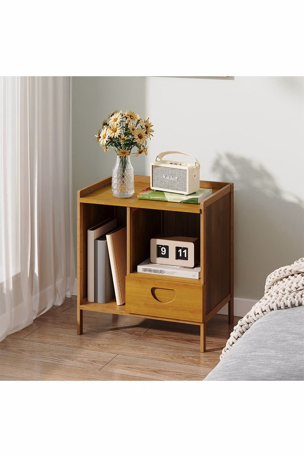 Living and Home Modern Brown Wood Bedside Table with Drawer – 2