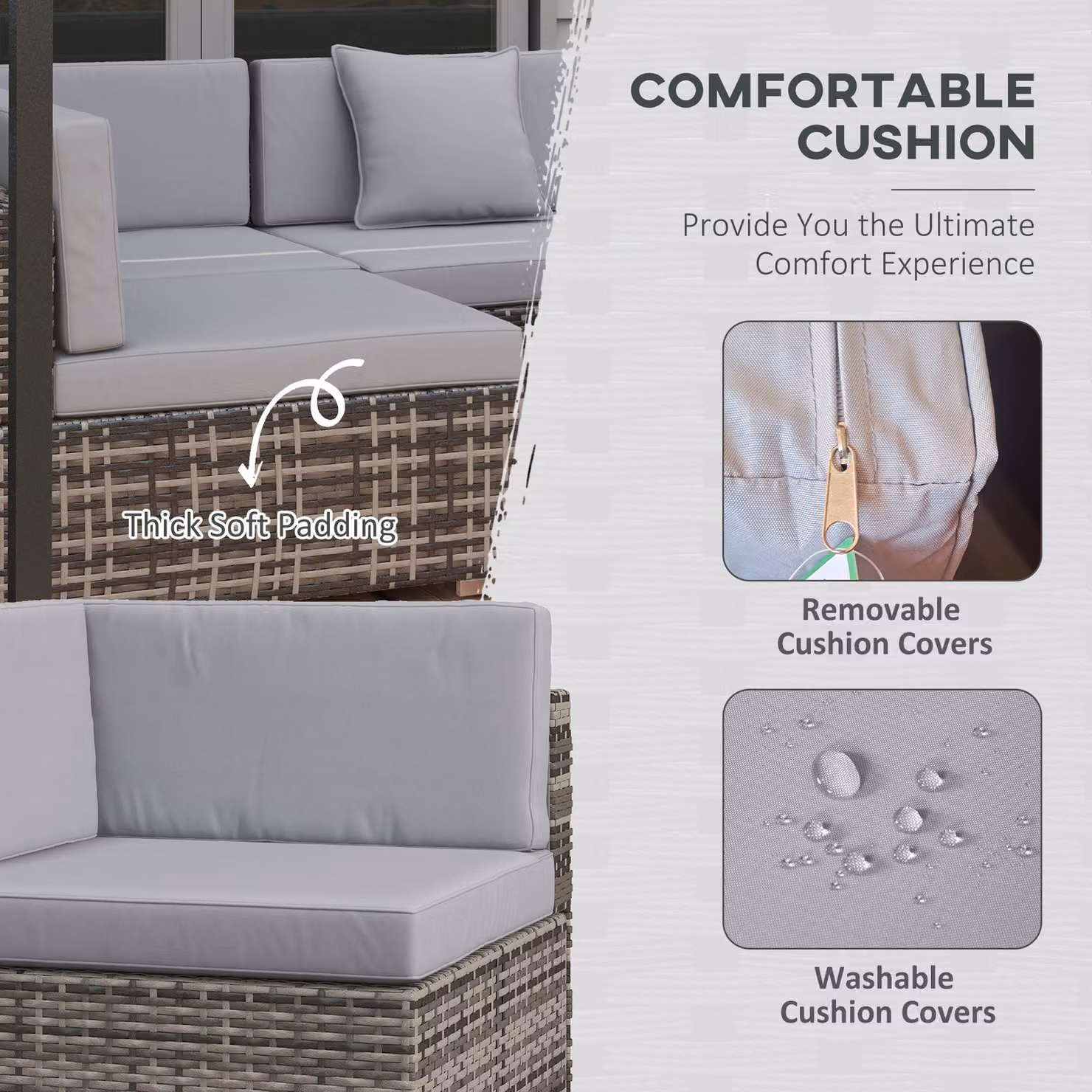 Outsunny 7 Piece PE Rattan Garden Furniture Set in Mixed Grey with L-Shape Corner Sofa, Glass Coffee Table and Padded Cushions – 6