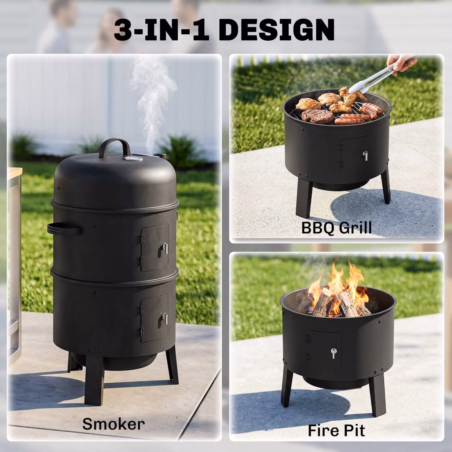 Outsunny 3-in-1 Vertical Charcoal Smoker in Black with Built-in Thermometer and 2 Grill Grates, W/D/H: 52.0 x 41.5 x 81.0 cm – 4