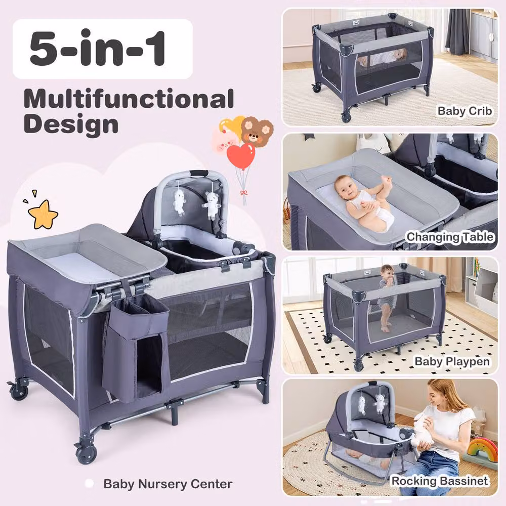 Costway Foldable Pack and Play Portable Baby Playard with Rocking Bassinet and Music Box in Dark Grey – 3