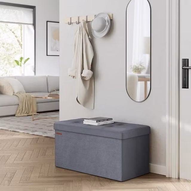 SONGMICS Velvet Storage Ottoman, Foldable Small Foot Rest in Slate Grey