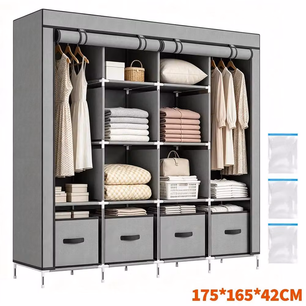 FORGEVIO Large Grey Fabric Canvas Wardrobe with Integrated Drawers and Hanging Rod – 2