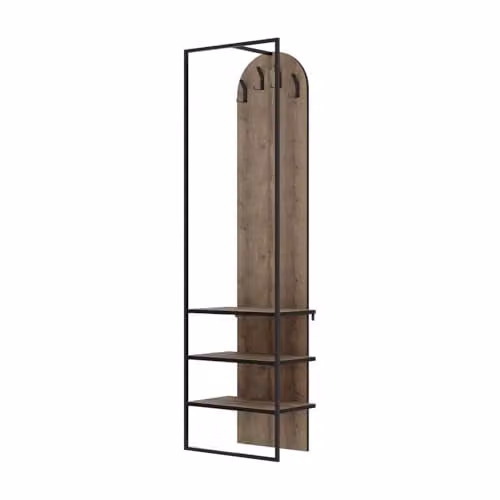 FWStyle Dark Oak Hallway Coat Rack and Shoe Storage with Industrial Metal Frame in Brown and Black, H 180 x W 53 x D 32 cm