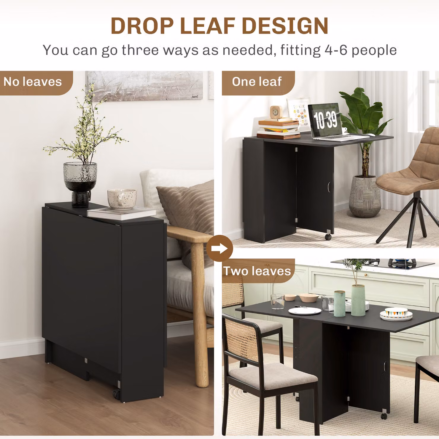 HOMCOM Black Butterfly Leaf Folding Dining Table with Drop Leaf Top – 4