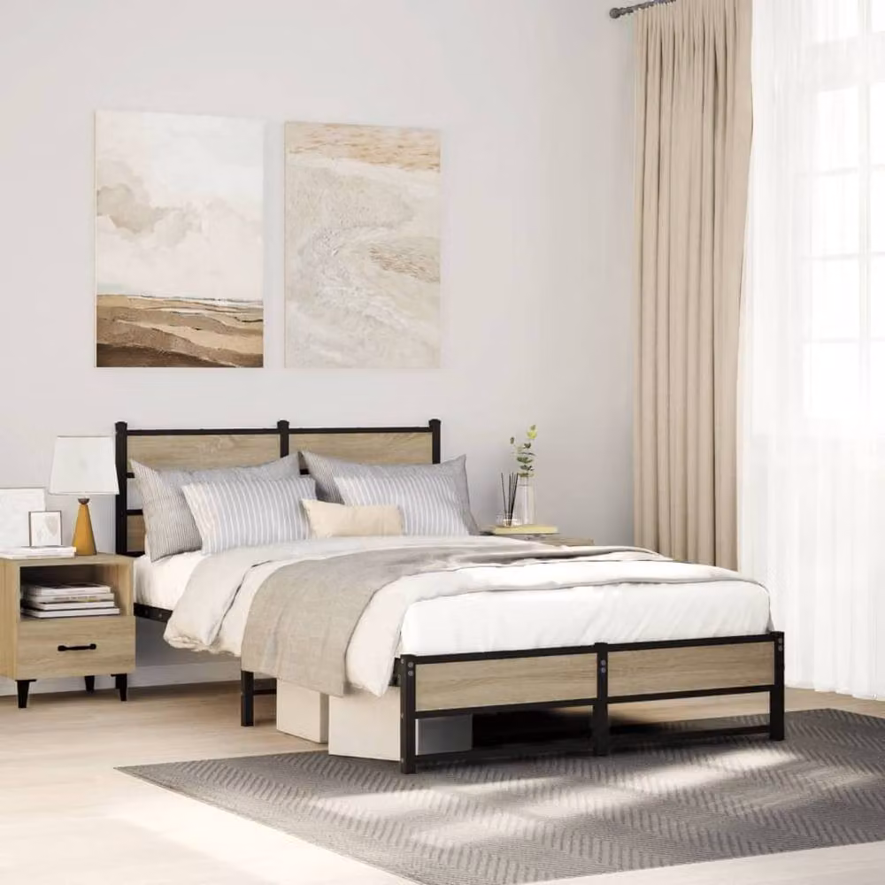 Berkfield Home Metal and Wood Bed Frame in Sonoma Oak and Brown, W/D/H: 120 x 200 x 91.5 cm – 2